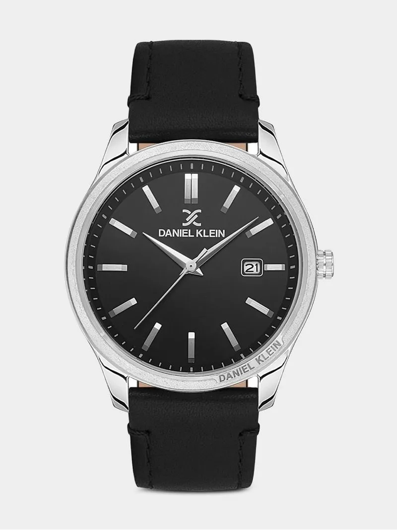Daniel Klein Silver Plated Black Dial Black Leather Watch