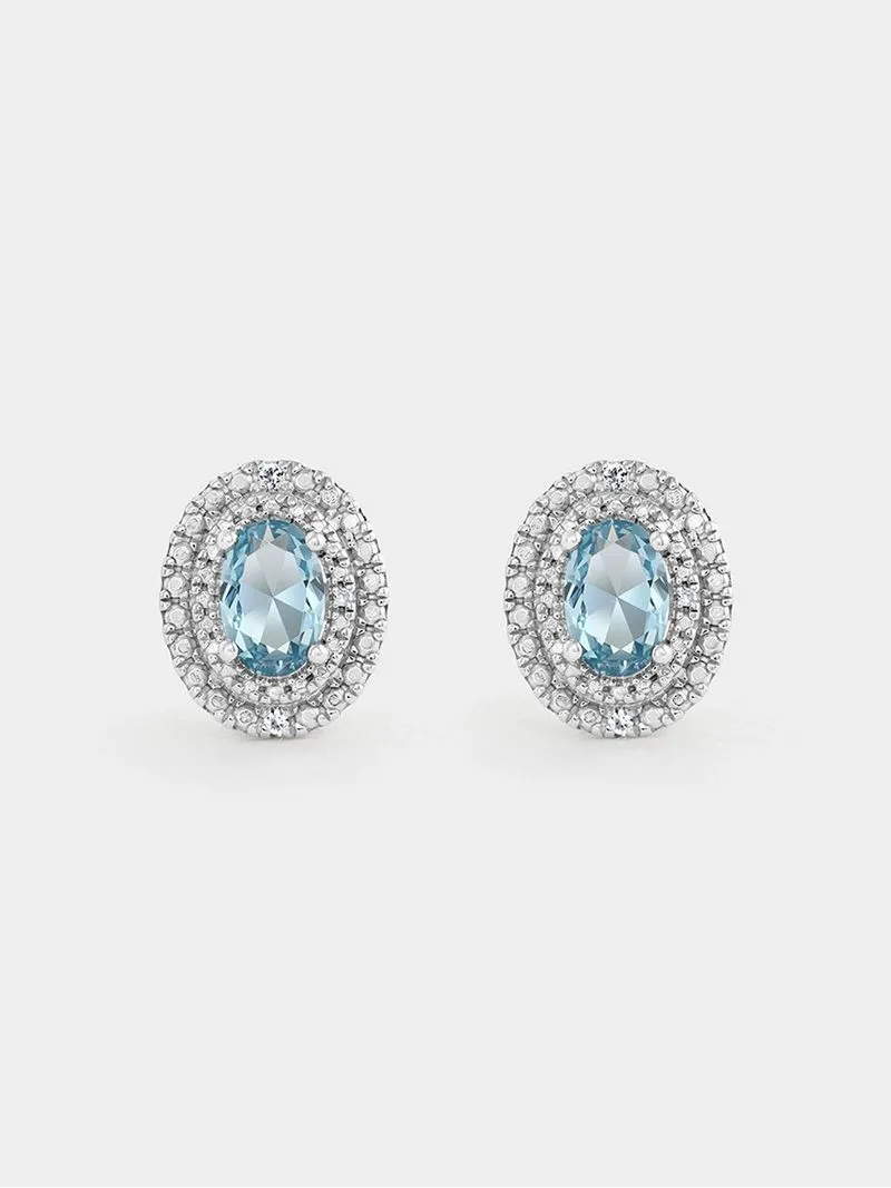 Sterling Silver Diamond & Created Aquamarine Oval Halo Stud Earrings