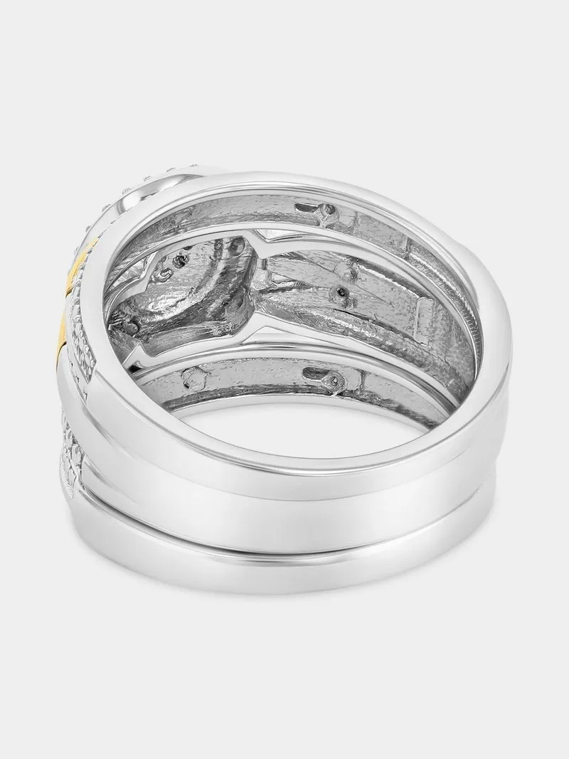 Yellow Gold & Sterling Silver Diamond Round Halo Branch Triple Set Ring