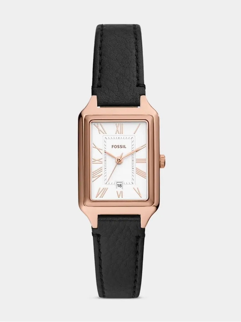 Fossil Raquel Rose Plated Stainless Steel Black Leather Watch