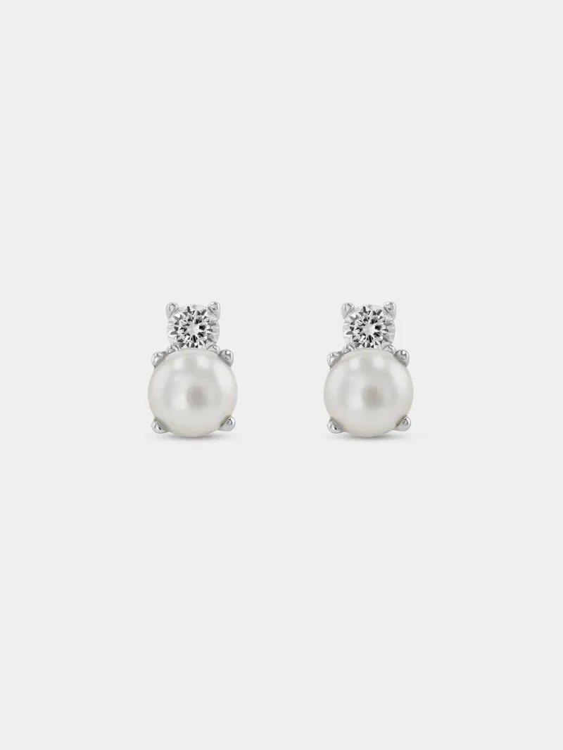 Sterling Silver Freshwater Pearl & Cubic Zirconia Stud Earrings