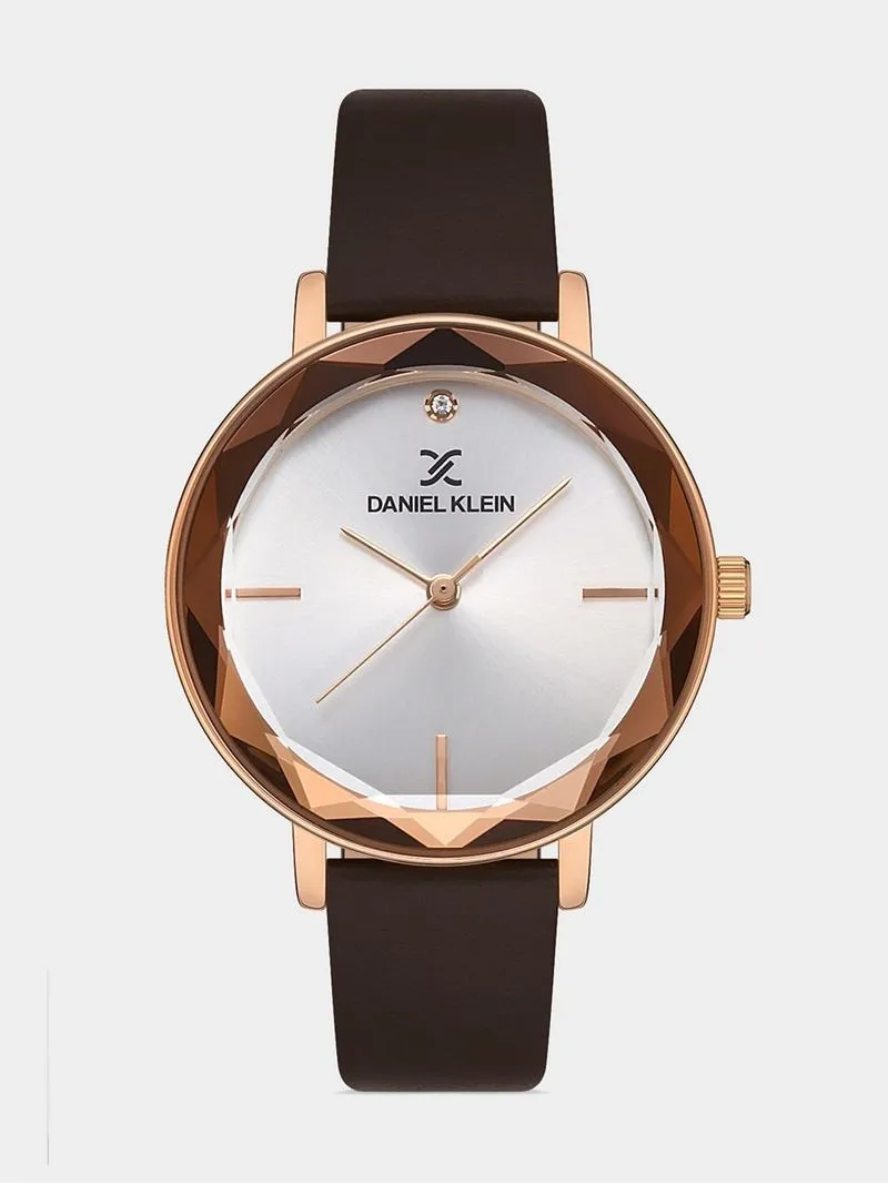 Daniel Klein Rose Plated White Dial Brown Leather Watch