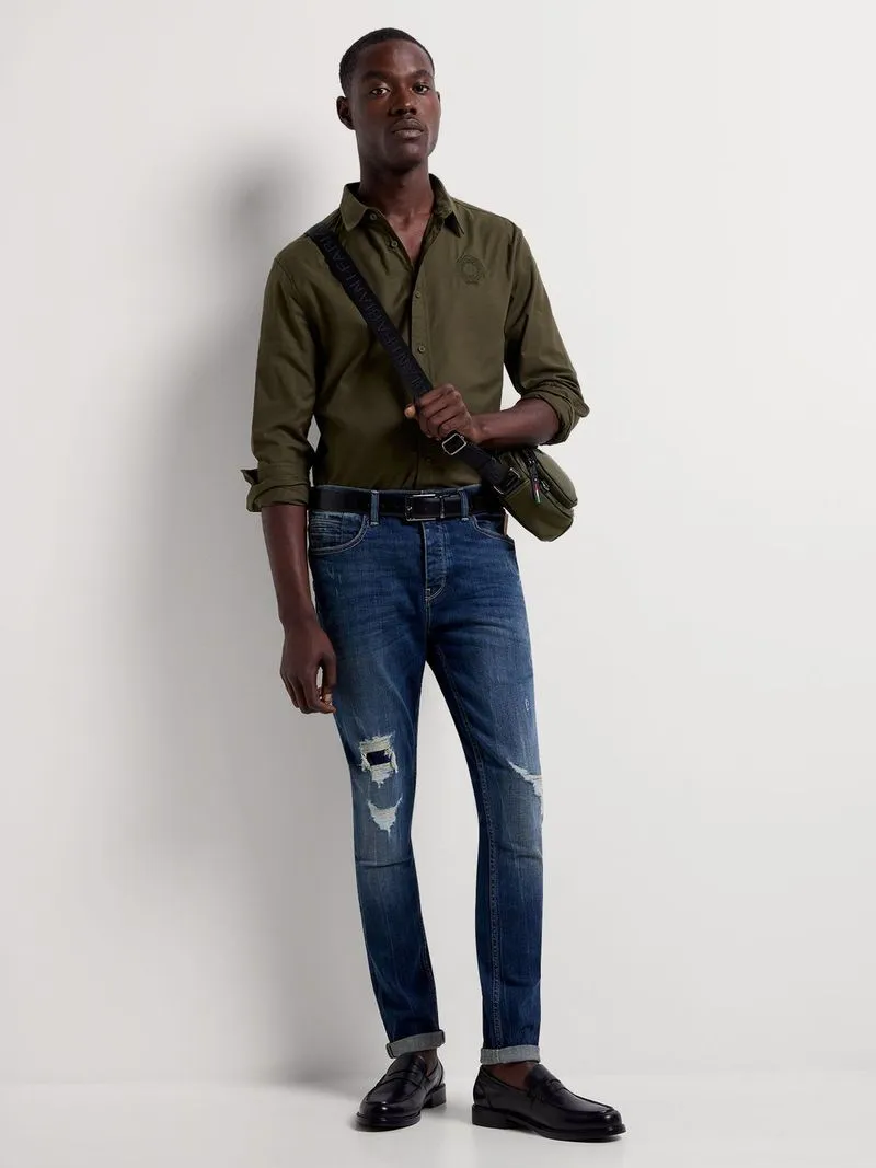 Fabiani Men's Dark Blue Rip Patch Skinny Denim Jean