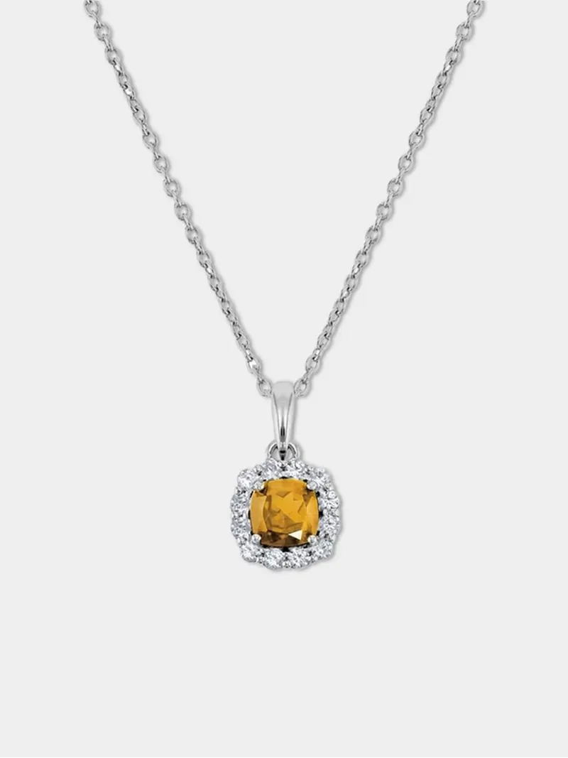 Sterling Silver Diamond & Citrine Cushion Halo Pendant