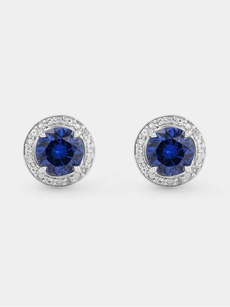 Sterling Silver Diamond & Created Sapphire Round Halo Studs