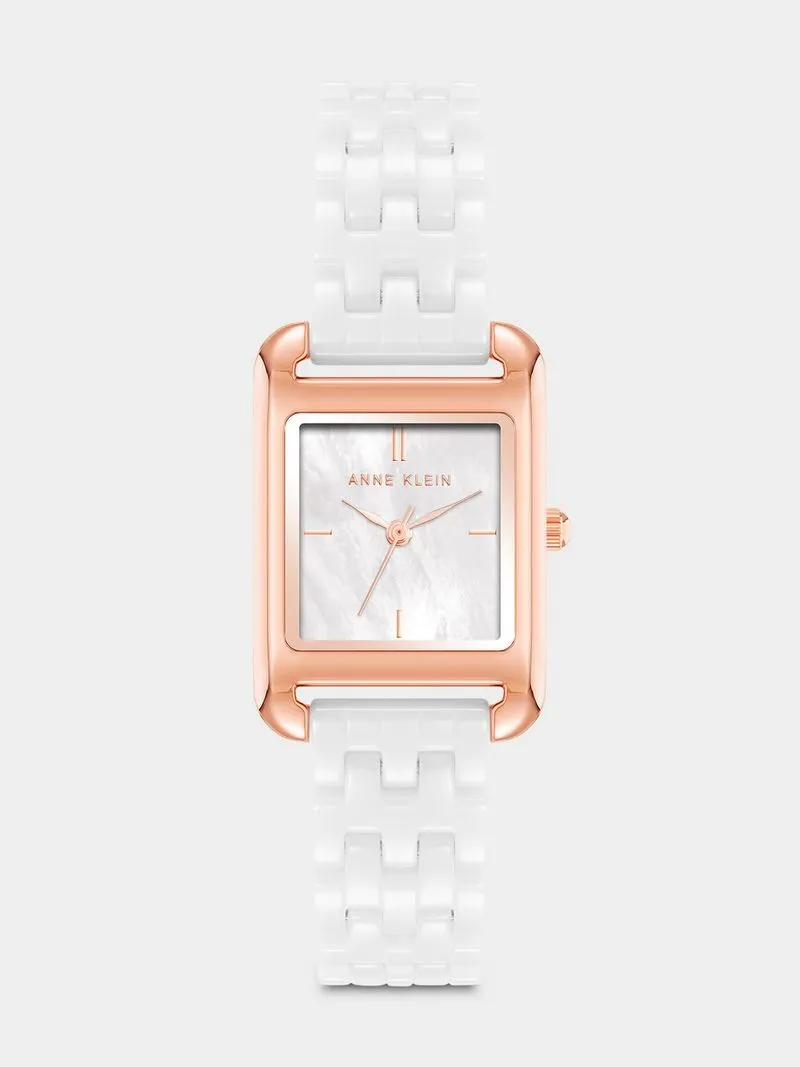 AnneKlein Women's Rose Plated Rectangular White Watch