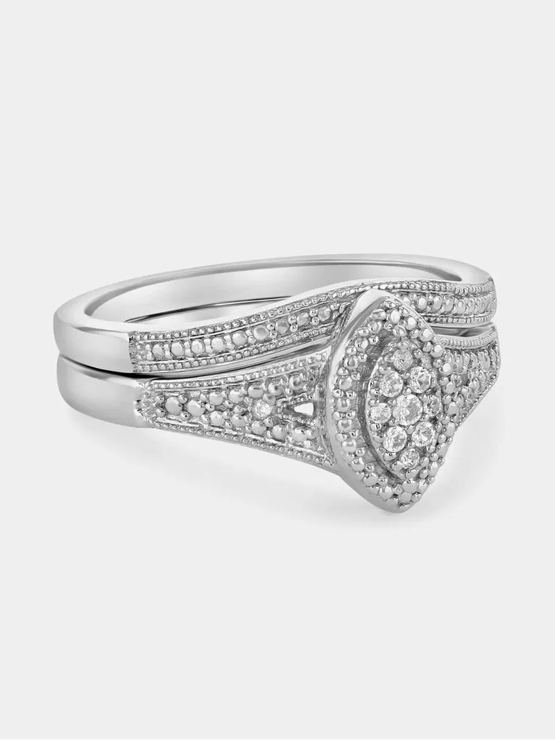 Sterling Silver Diamond & Created Sapphire Marquise Halo Twinset Ring