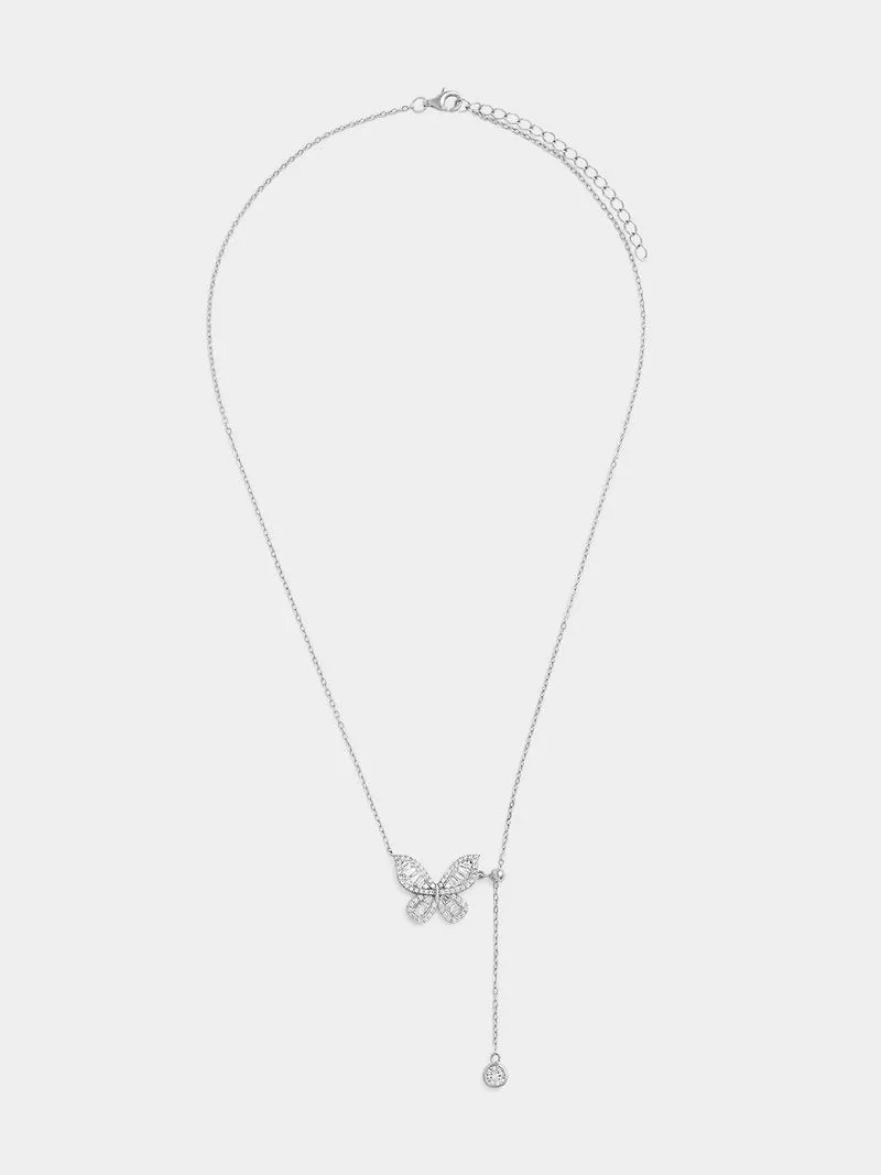 Sterling Silver Cubic Zirconia Baguette Butterfly Pendant