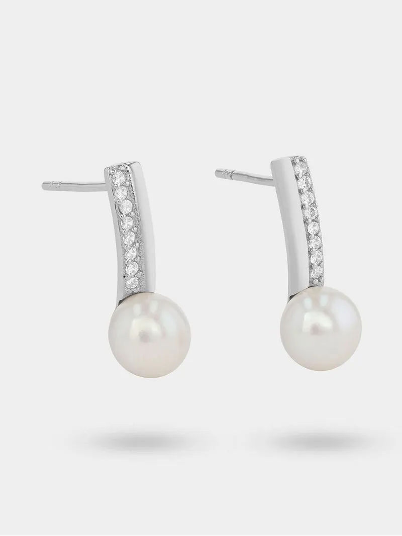 Sterling Silver Freshwater Pearl & Cubic Zirconia Bar Women's Earrings