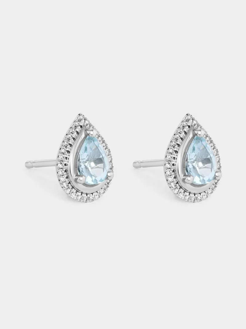 White Gold Diamond & Sky Blue Topaz Pear Halo Stud Earrings