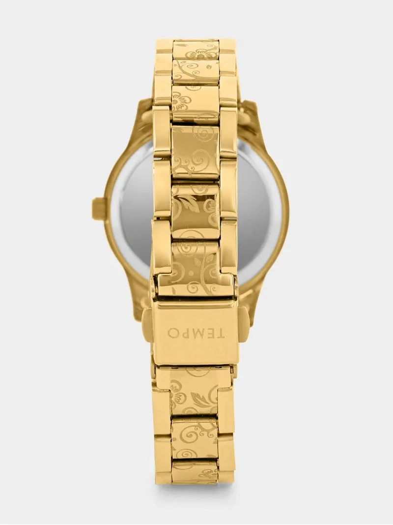 Tempo Women’s Gold Plated Flower Design Bracelet Watch