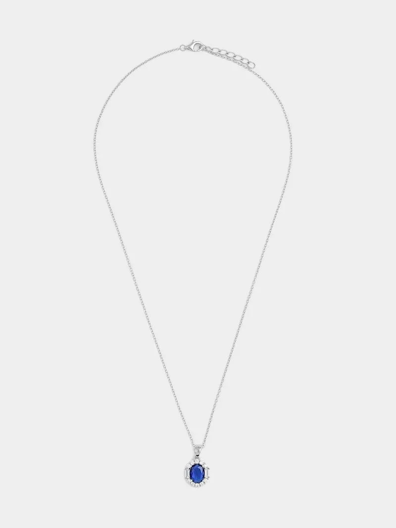 Sterling Silver Sapphire Blue Cubic Zirconia Oval Halo Pendant