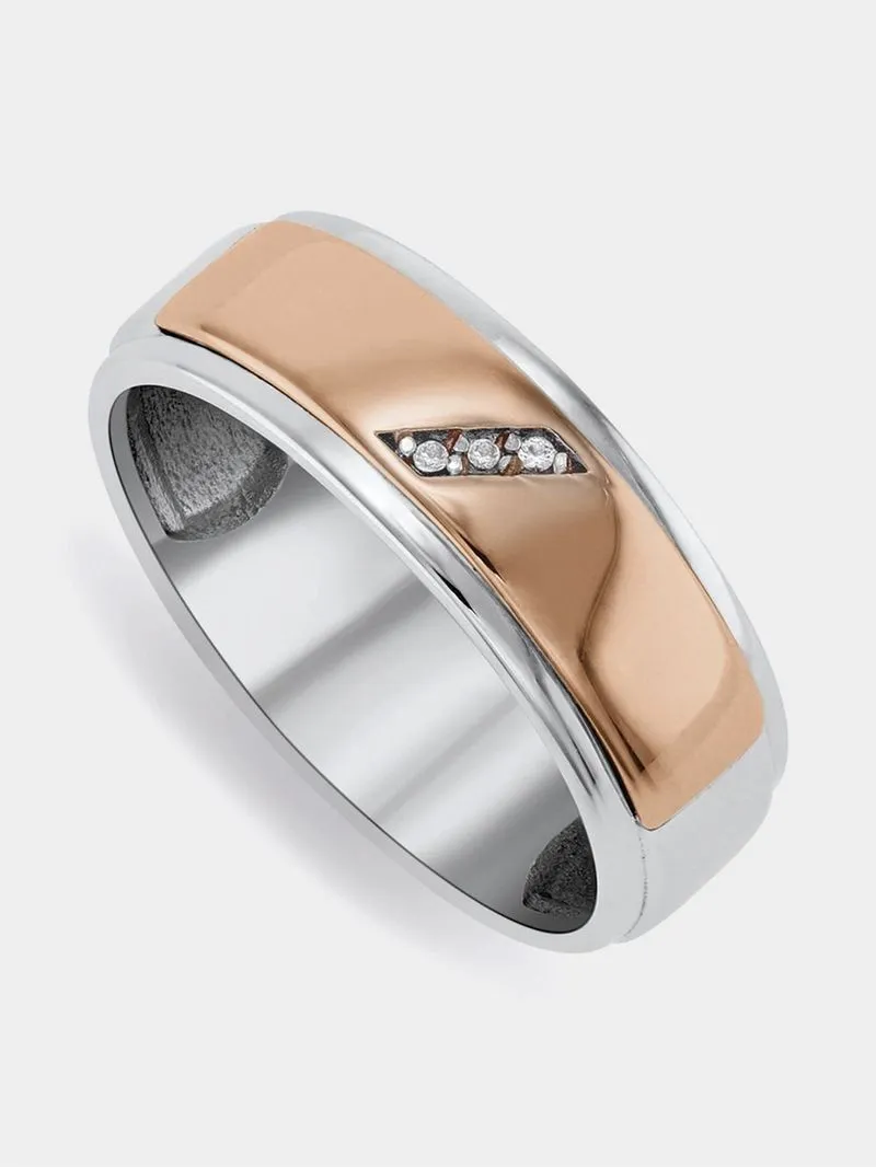 9CT Rose Gold & Sterling Silver Men's Diamond & Created Sapphire Wedding Band
