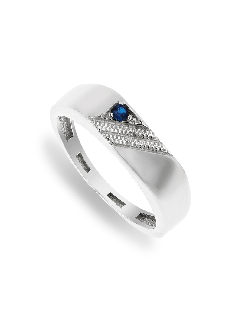 Sterling Silver & Blue Cubic Zirconia Men’s Diagonal Stripe Flat Top Ring