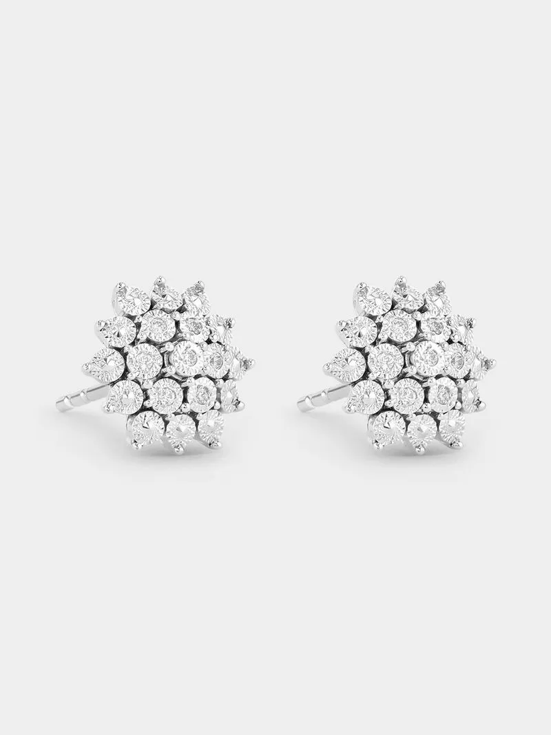 White Gold Diamond Illusion Cluster Stud Earrings