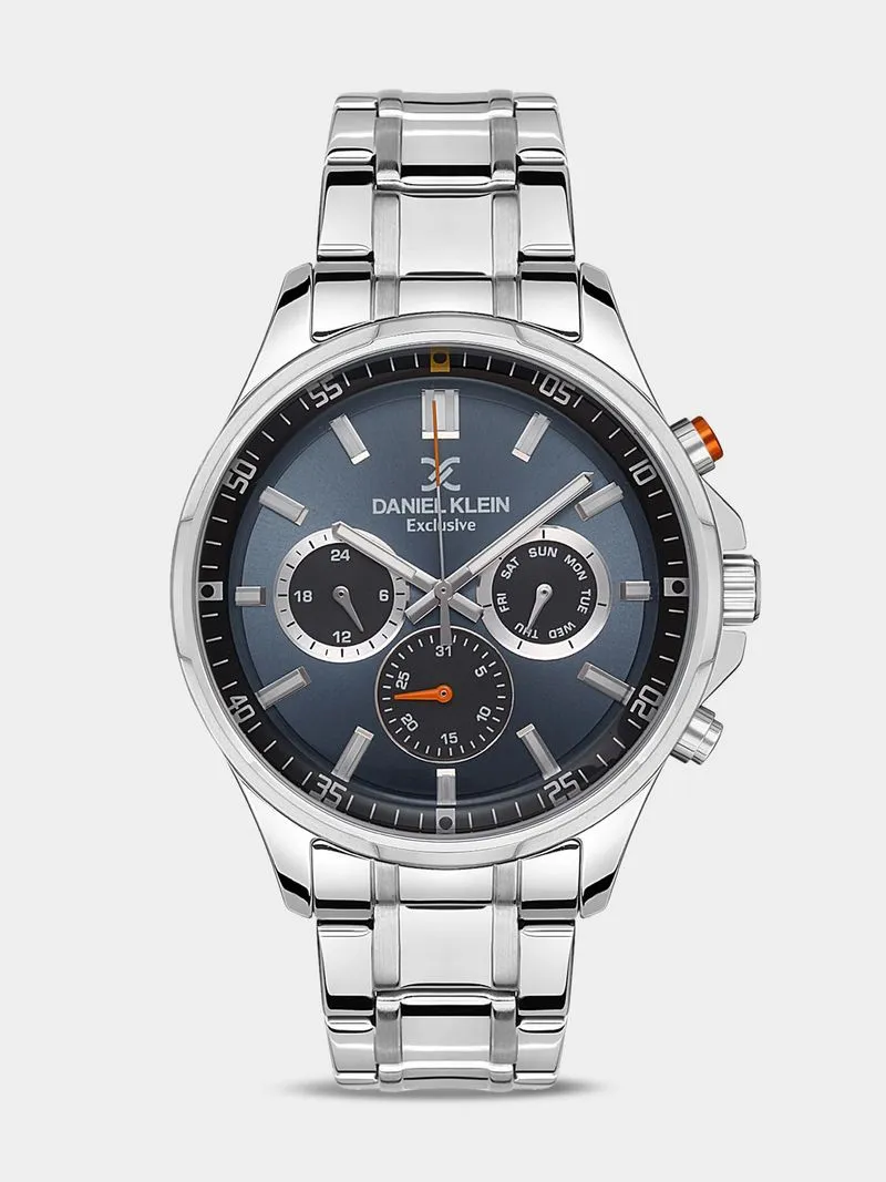 Daniel Klein Silver Plated Dark Blue Dial Chronographic Stainless Steel Bracelet Watch