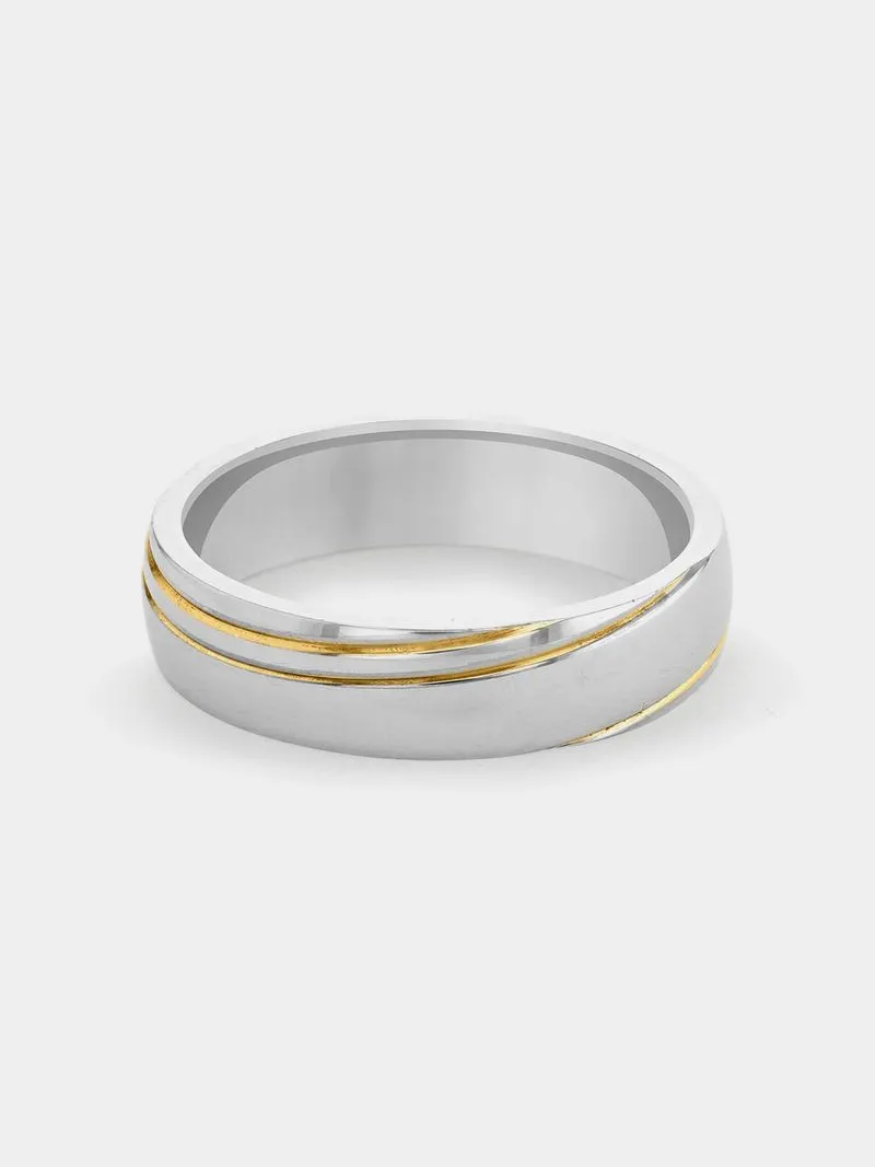 Stainless Steel Gold Plated Cubic Zirconia Men’s Dual Diagonal Grooves Ring