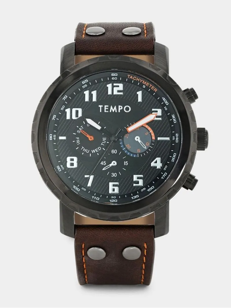 Tempo Timepiece Collection Black Plated Black Dial Multi Dial Brown Leather Watch