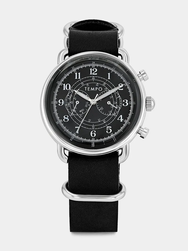 Tempo Premium Silver Plated Black Dial Black Leather Watch
