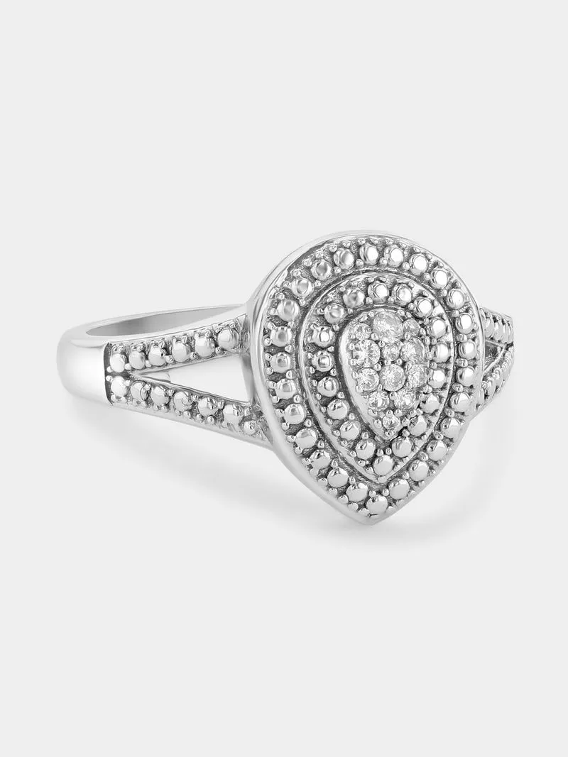 Sterling Silver Diamond & Created Sapphire Pear Double Halo Ring