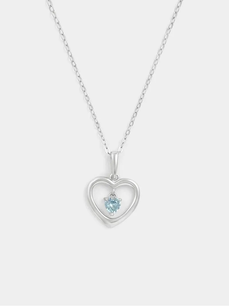 Sterling Silver Aquamarine Blue Cubic Zirconia March Birthstone Kid’s Heart Pendant