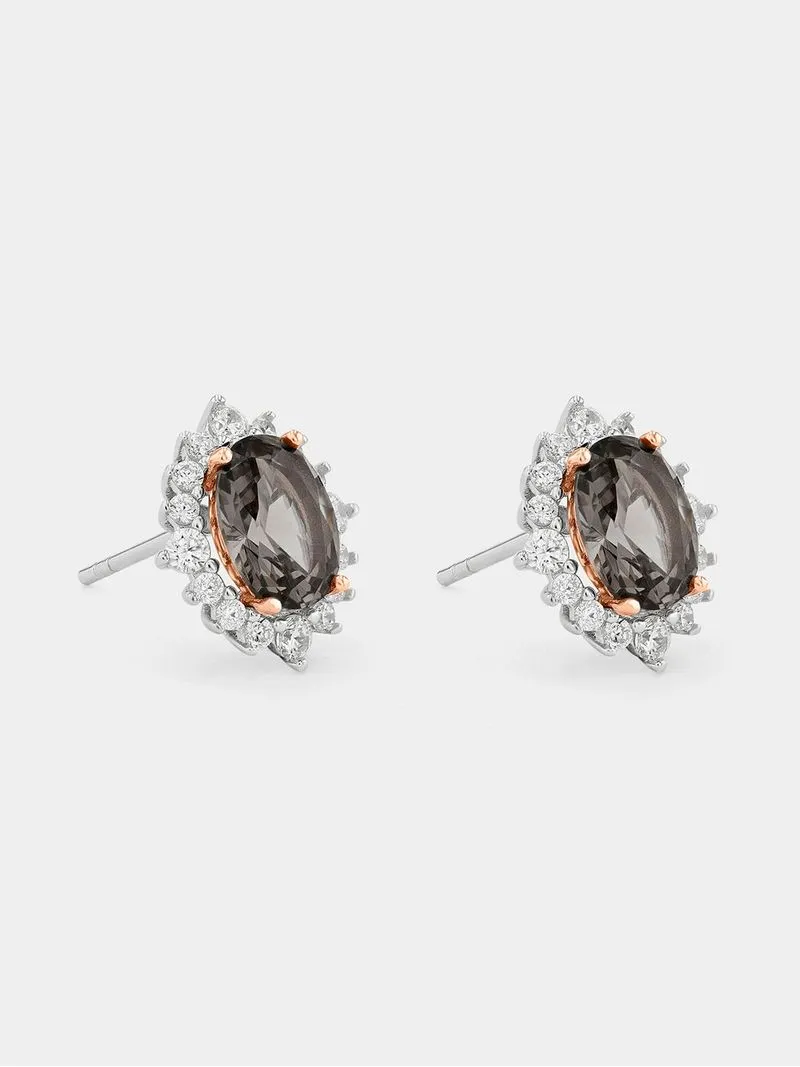 Sterling Silver & Rose Gold Women’s Grey Cubic Zirconia Halo Stud Earrings