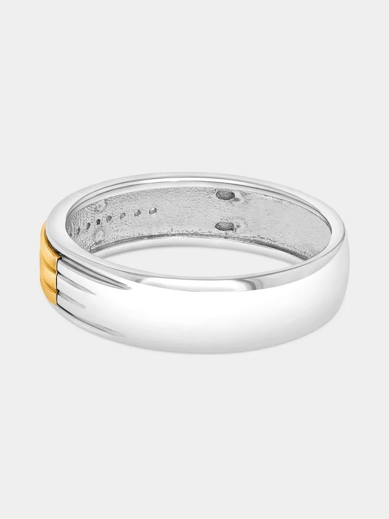 Yellow Gold & Sterling Silver Diamond Horizontal Groove Ring