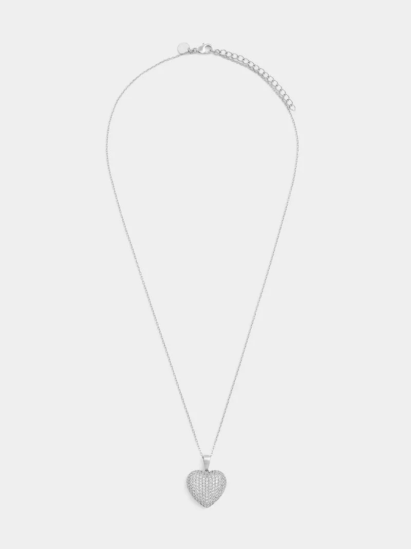 Sterling Silver Cubic Zirconia Pavé Puff Heart Pendant