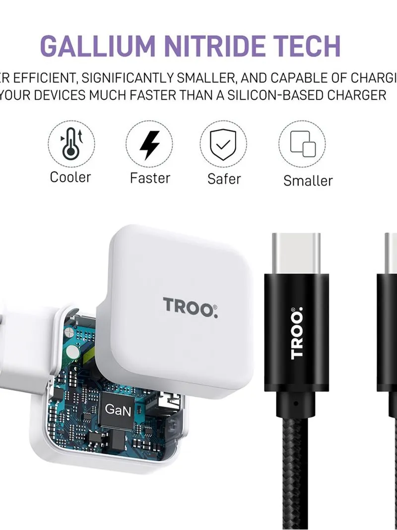 TROO Certified PD 65W Fast Charge Dual Type-C & USB Laptop Power Adapter