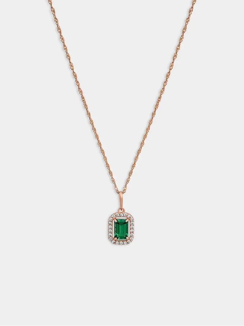 Rose Gold,Green Cubic Zirconia Square Halo pendant on a Rose Gold &Sterling Silver Chain