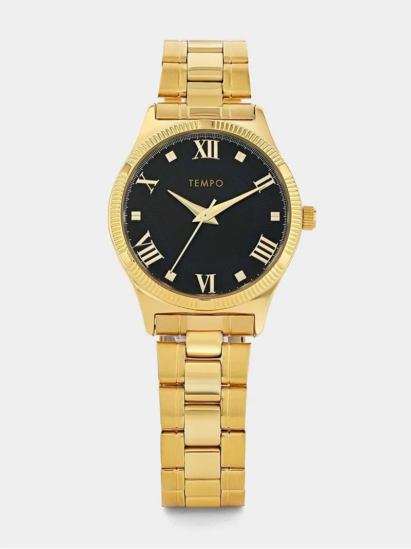 Tempo Women’s Black Dial Gold Plated Bracelet Watch