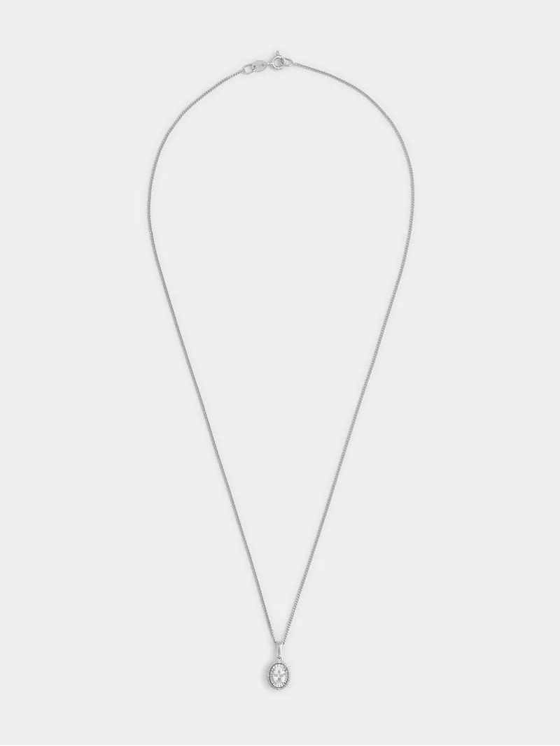 Sterling Silver Diamond & Created Sapphire Oval Illusion Pendant