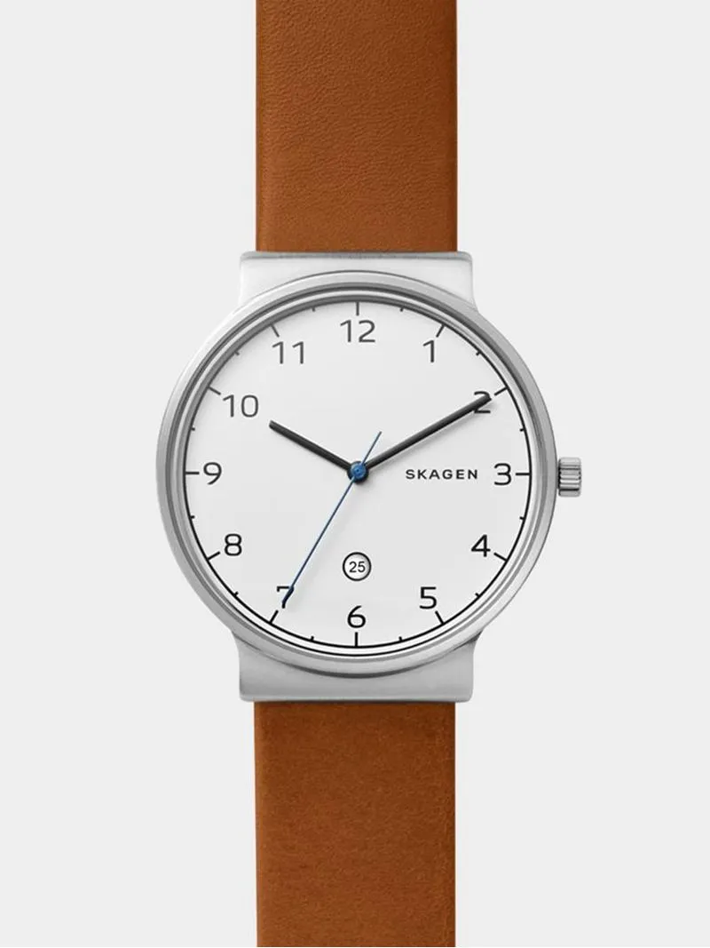 Skagen Women's Ancher Silver Plated Titanium & Brown Leather Watch