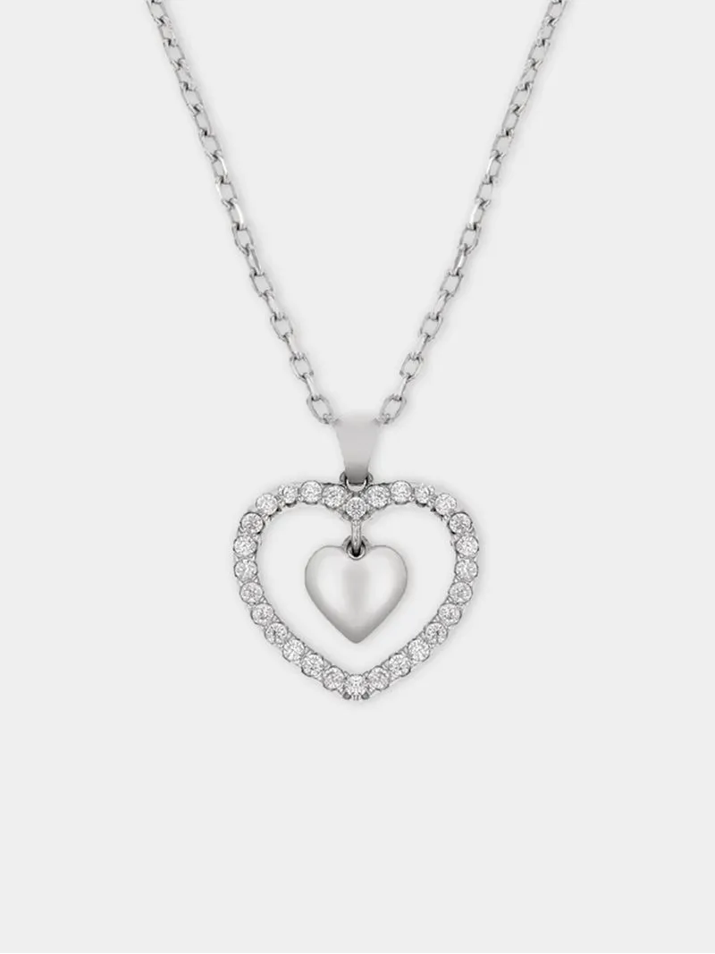 Sterling Silver Cubic Zirconia Kid's Double Heart Pendant Necklace