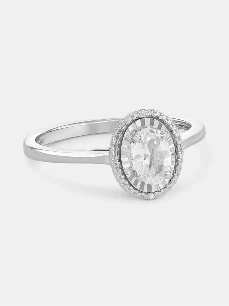 Sterling Silver Diamond & Created White Sapphire Oval Halo Ring