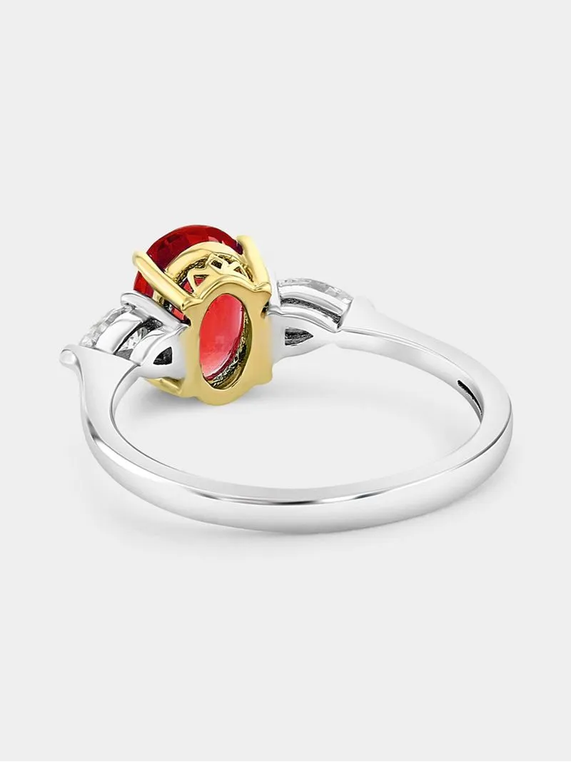 White & Yellow Gold Lab Grown Ruby & Moissanite Women’s Oval Trilogy Ring