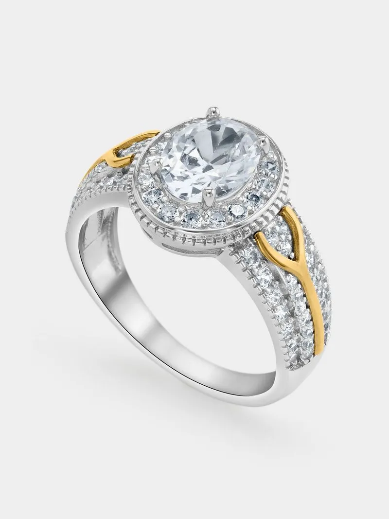 Yellow Gold & Sterling Silver, Cubic Zirconia Oval Halo Split Ring