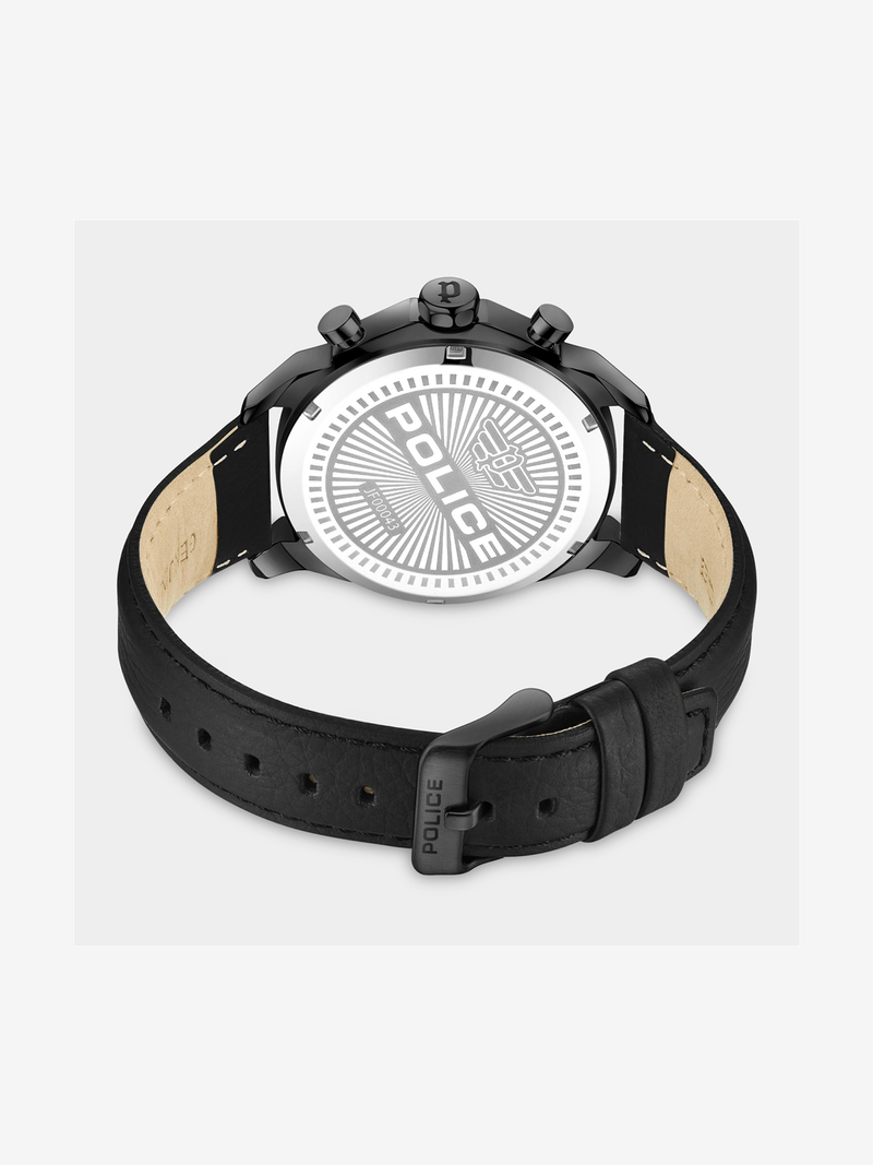 Police Menelik Black Plated Charcoal Dial Black Leather Watch