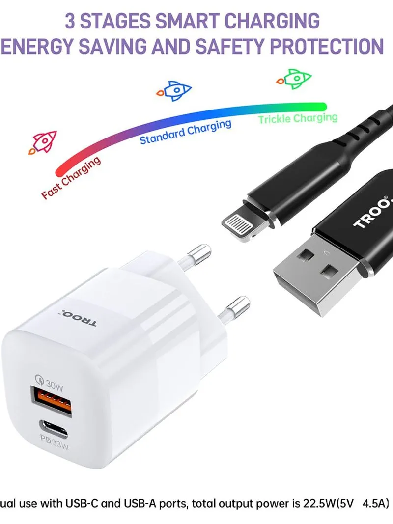 TROO Certified PD 33W Fast Charge Dual Type-C & USB Power Adapter
