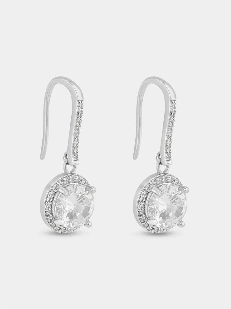 Sterling Silver Cubic Zirconia Round Halo Drop Earrings