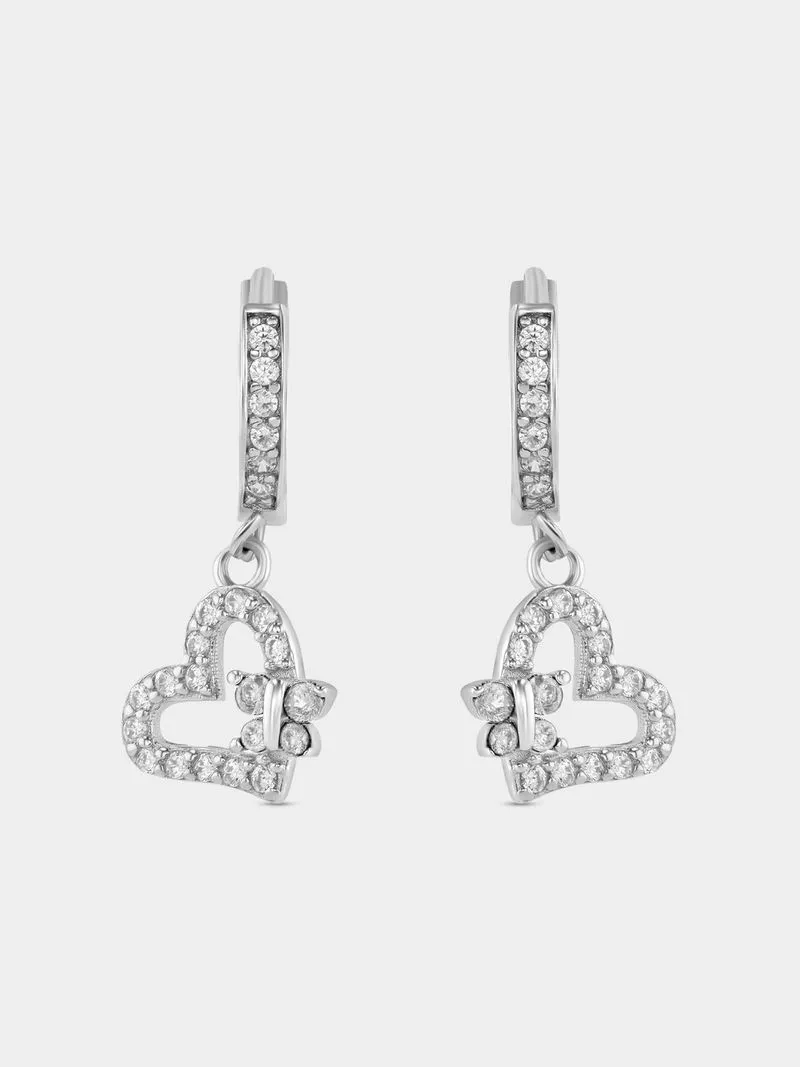 Miss Swiss Sterling Silver Cubic Zirconia Butterfly Heart Drop Earrings