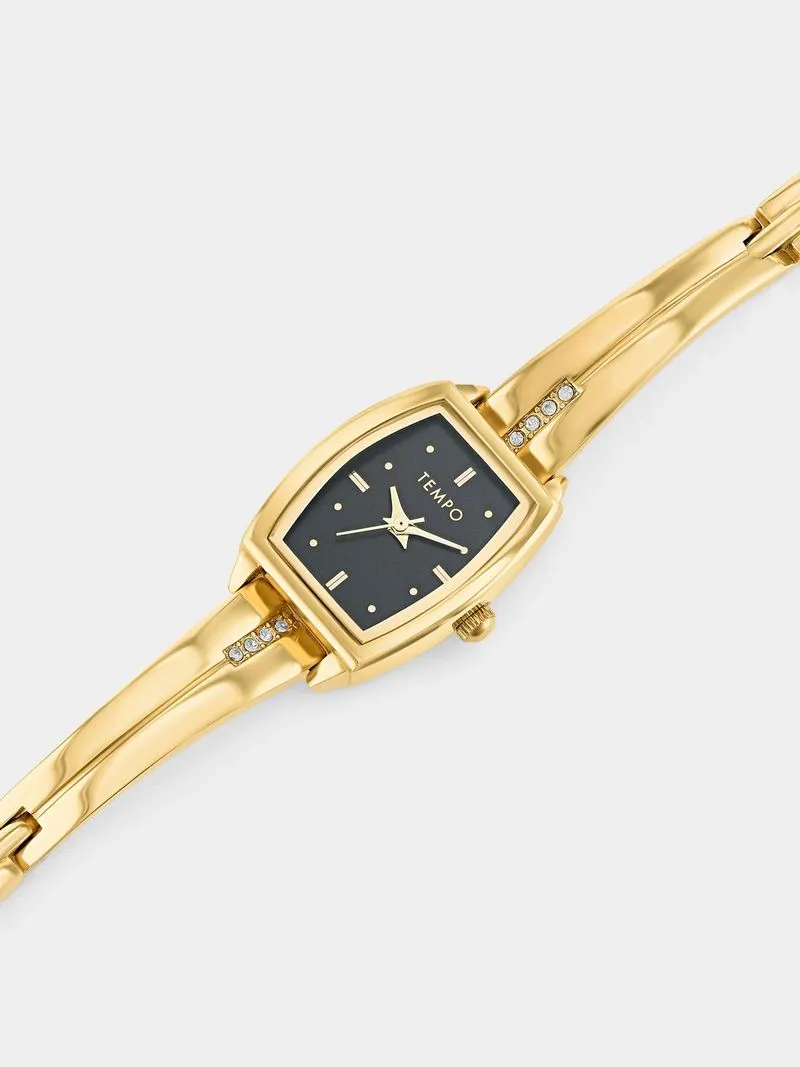 Tempo Gold Plated Black Tonneau Dial Bangle Watch