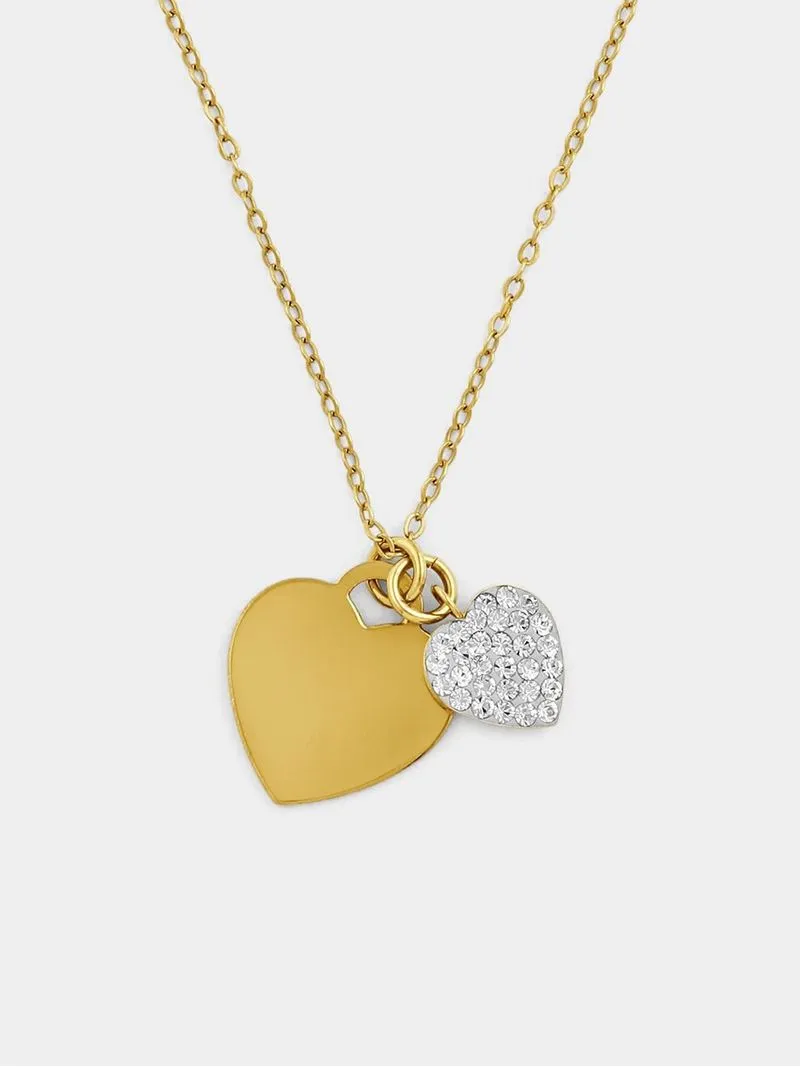 Yellow Gold & Sterling Silver Cubic Zirconia Double Heart Pendant