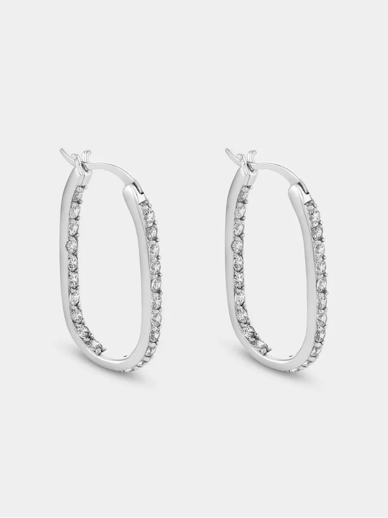 Sterling Silver Cubic Zirconia Inside Out Oval Hoop Earrings