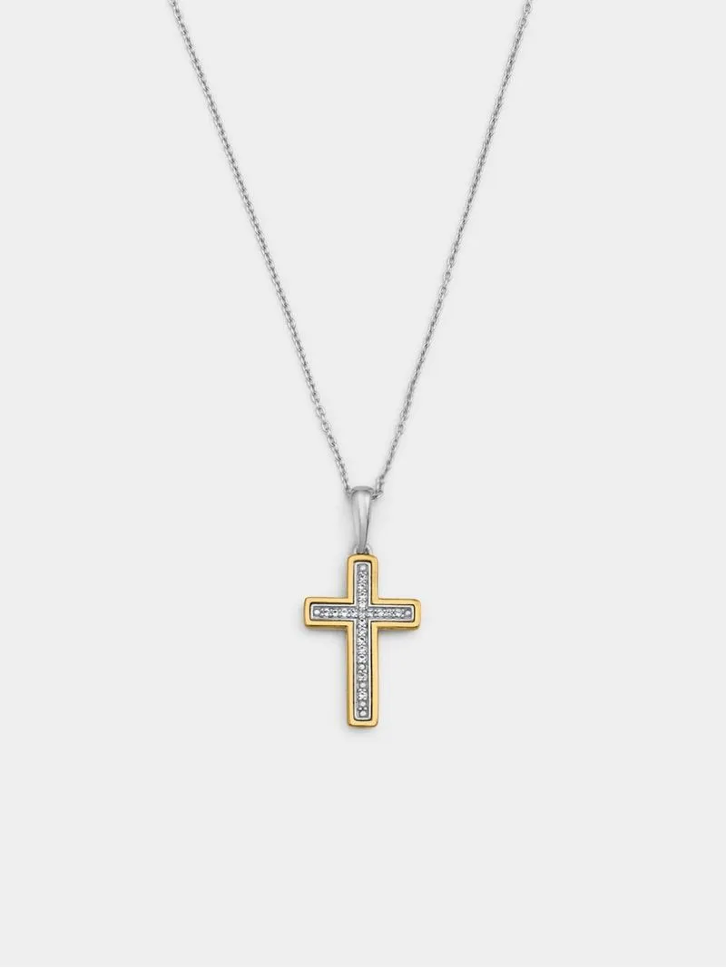 Yellow Gold & Sterling Silver Diamond & Created White Sapphire Cross Pendant