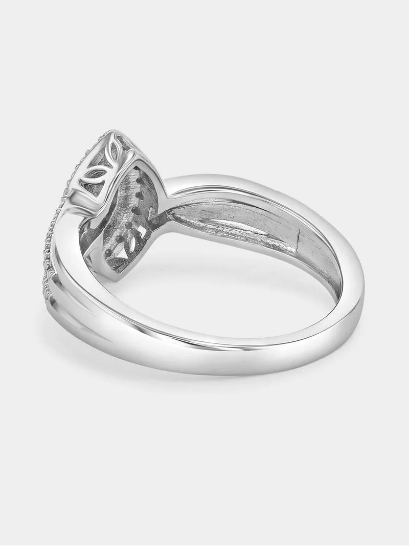 Sterling Silver Diamond & Created Sapphire Marquise Halo Crossover Ring
