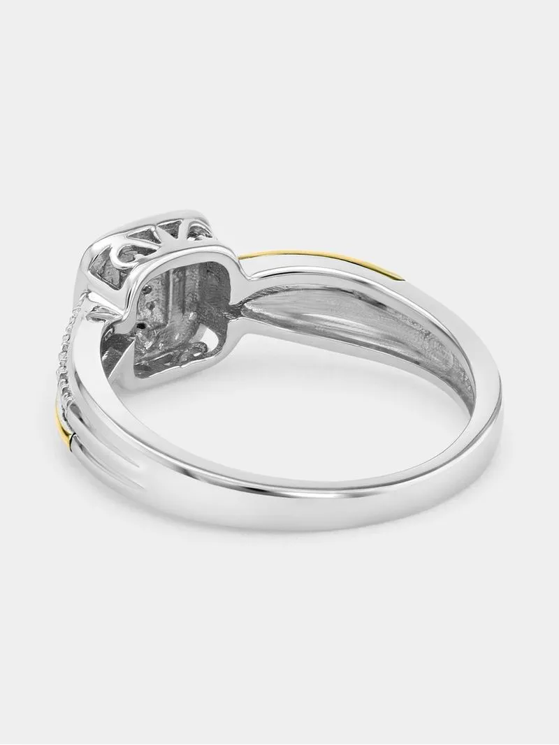 Yellow Gold & Sterling Silver Created Sapphire Cush Criss Halo Ring