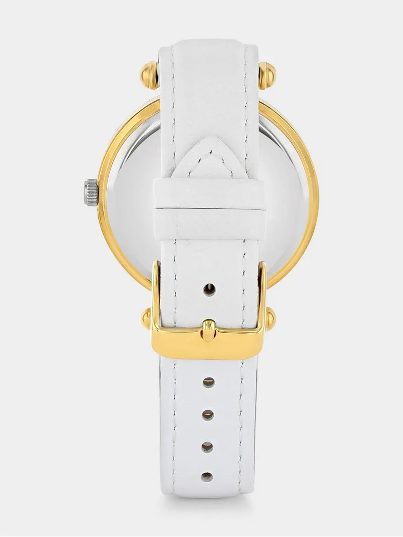 Tempo Timepiece Collection Gold Plated Mother Of Pearl Dial White Leather Watch