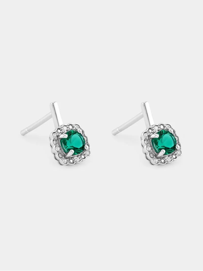 Sterling Silver Diamond & Created Emerald Cushion Halo Stud Earrings