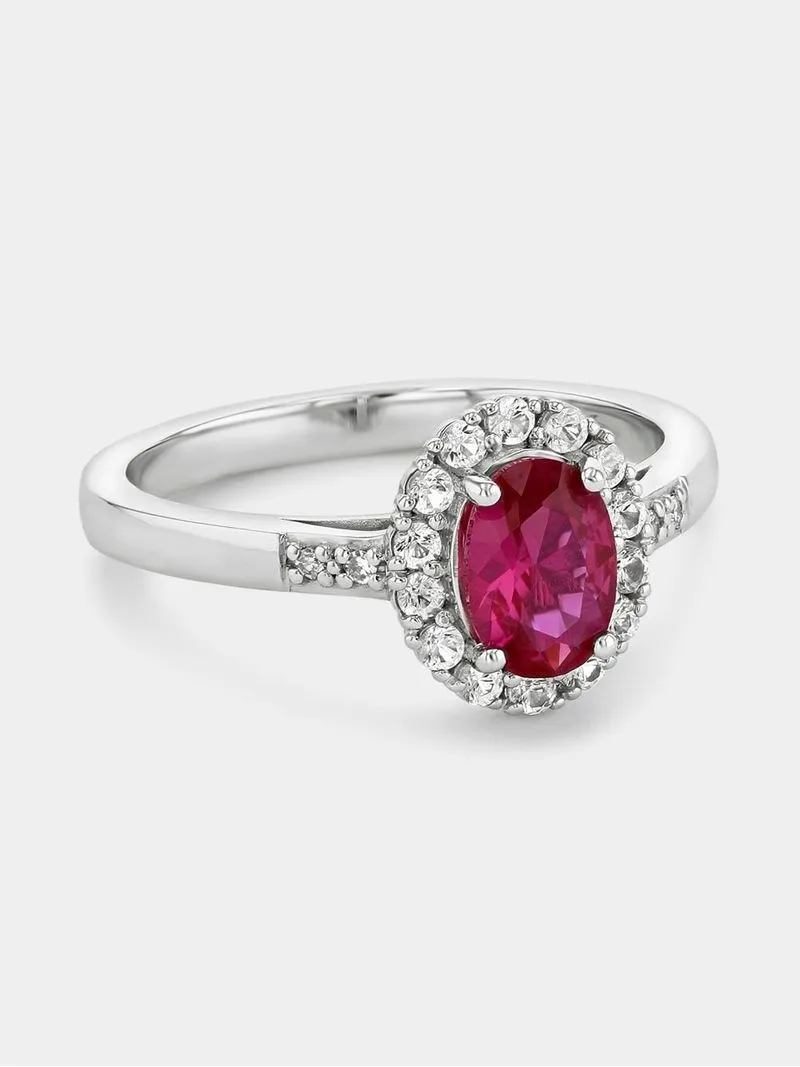 Sterling Silver Diamond & Created Ruby Oval Halo Ring